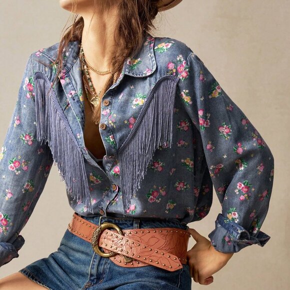 Dark Wash Casual Women's Western fringe floral Printed Loose button down Shirt - Picture 5 of 7